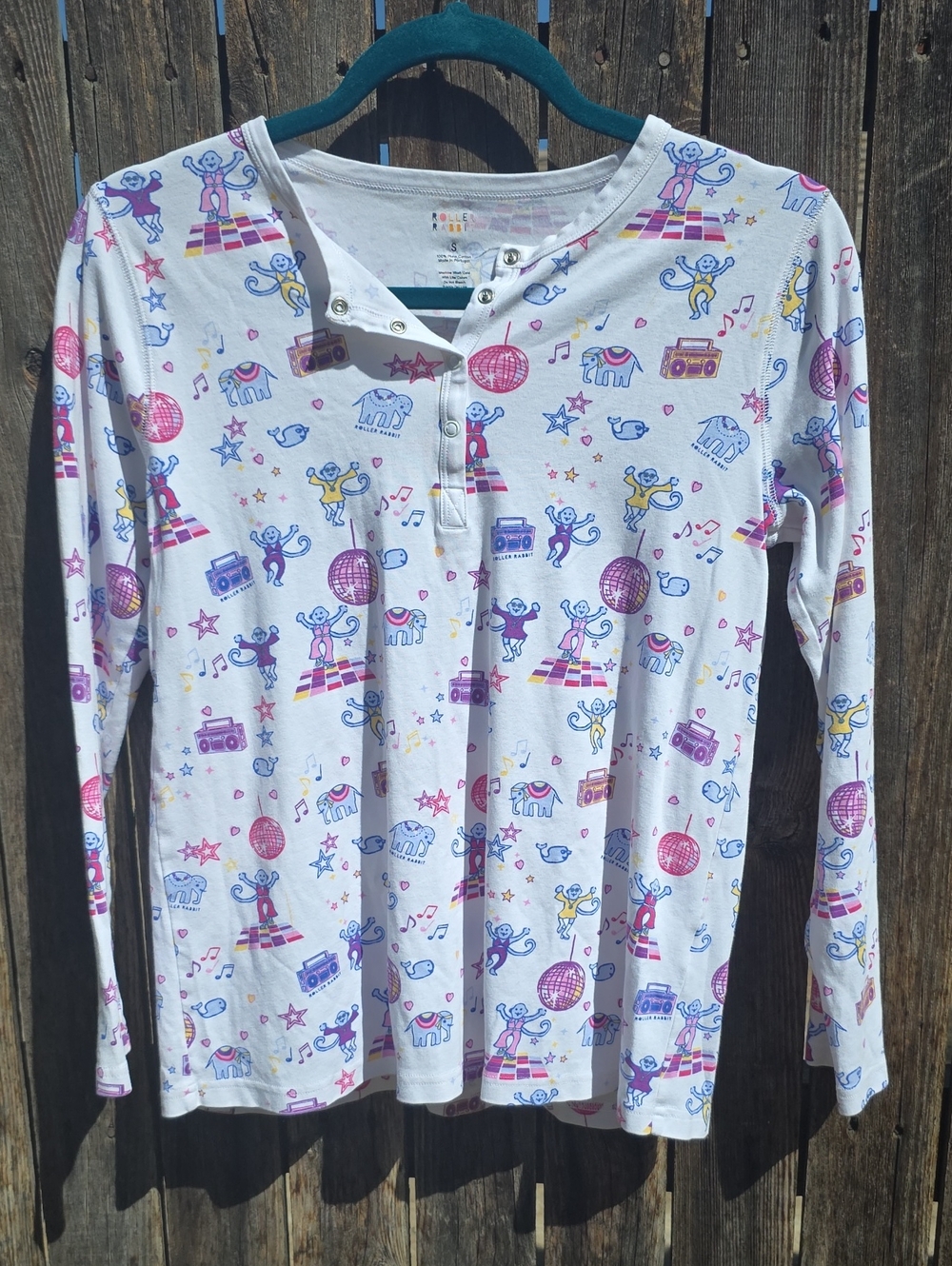 Roller Rabbit White Disco Monkey 100% Pima Cotton Pajama Top  Pink, Purple, Blue